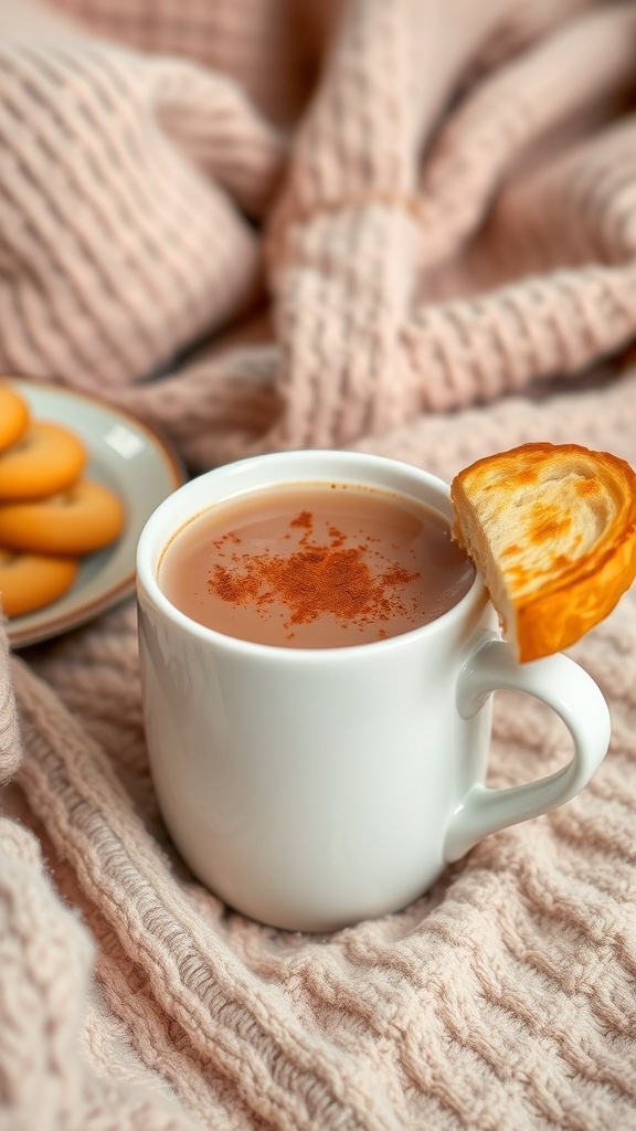 A steaming cup of cinnamon toast tea with a slice of toasted bread on the side, set in a cozy environment.
